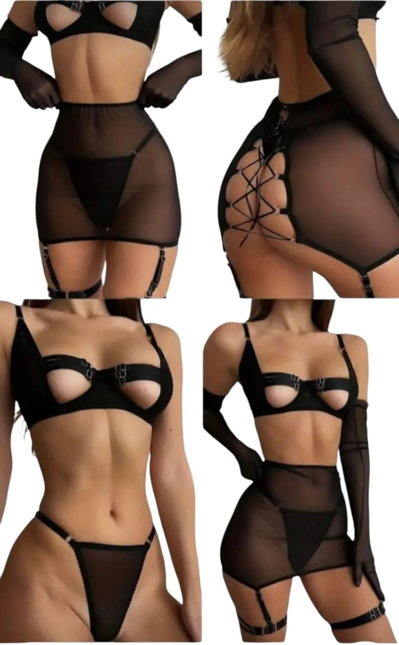 Lenceria Sexy Para Dama Conjunto Ropa Interior Elegante Con Falda Y Guantes